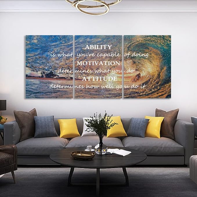 Unbruvo Motivational Wall Art for Office, 3 Pieces Canvas Painting with Inspirational Quotes, Ability Motivation Attitude Prints for Living Room Bedroom Study Room Decor(72" Wx36 H)