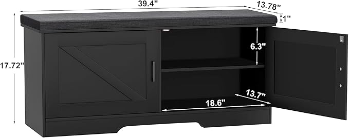 2-Tier Storage Bench, 39.4" Wide Shoe Bench with Padded Seat Cushion, Entryway Bench with 2 Barn Doors and Adjustable Shelf, Black