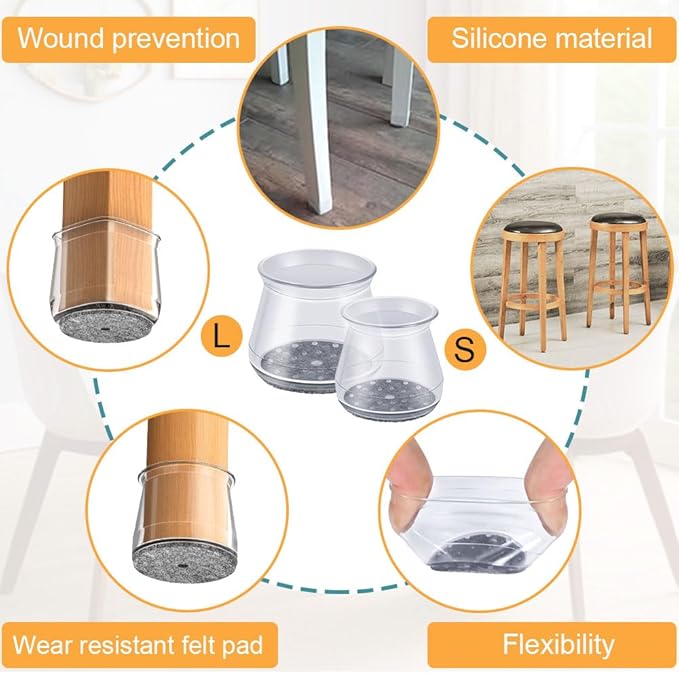 32 Pcs Chair Leg Floor Protectors - Silicone Felt Pads, Scratch-Proof & Noise-Free, Easy Smooth Moving, Large Size (Fits Round Chair Legs: 1-5/16" to 2" Diameter)