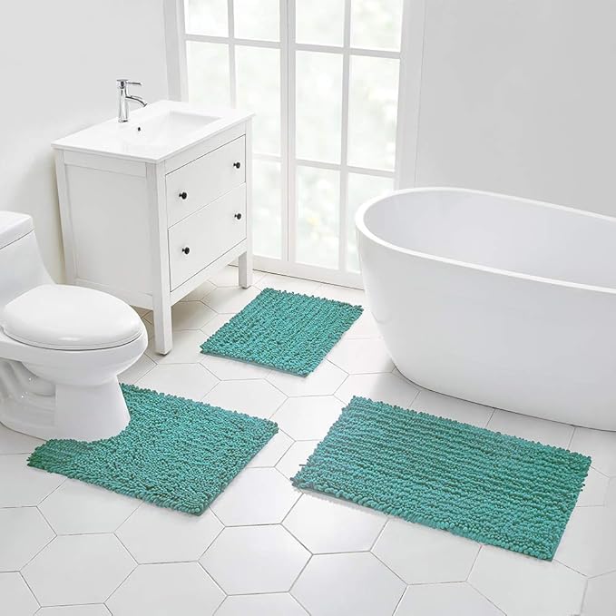 Walensee Bathroom Contour Rug Non Slip Toilet U Shaped Bath Mat (20x24, Turquoise) Water Absorbent Super Soft Shaggy Chenille Machine Washable Dry Extra Thick Perfect Absorbant Best Plush Carpet