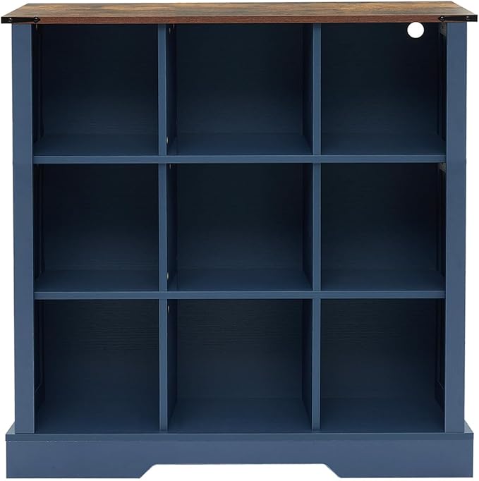 9 Cube Bookcase, Wooden Cube Storage Organizer Shelf, Blue Horizontal Book Shelf with LED Lights, Freestanding Display Cabinet for Living Room, Hallway TV Stand for Entryway