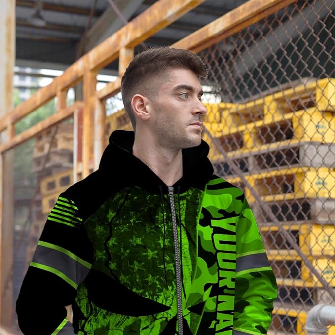 Maddly Hi Vis Reflective Zip Up Hoodie, High Visibility Safety Jacket with Skull Design for runner, worker, trucker, cyclist