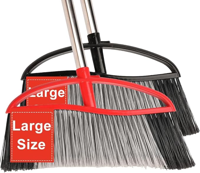 2-Pack Outdoor Heavy Duty Broom Set, 15.7" Wide Angle All-Terrain Sweepers with Long Adjustable Handle & Stiff Bristles for Patio, Garage, Yard, Garden (Black&Red)