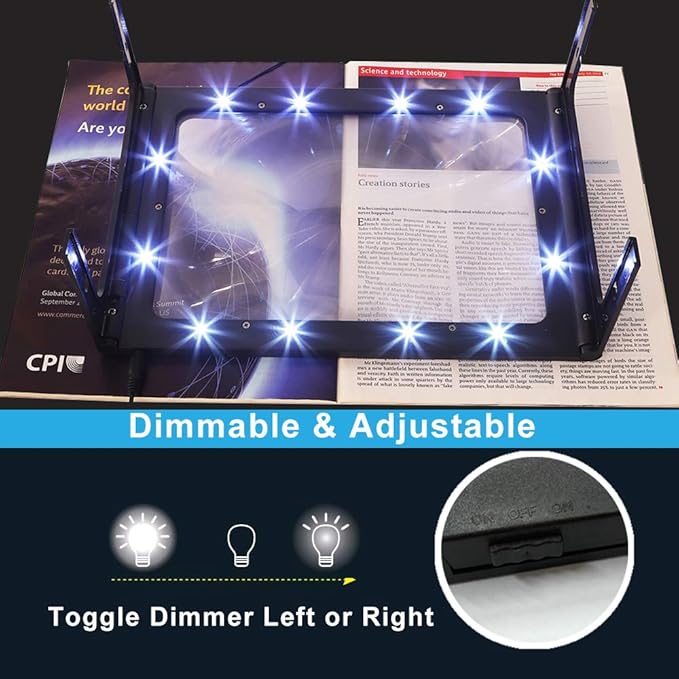 Hands-Free Magnifying Glass Large Full-Page Rectangular 3X Magnifier LED Lighted Illuminated Foldable Desktop Portable for Elder