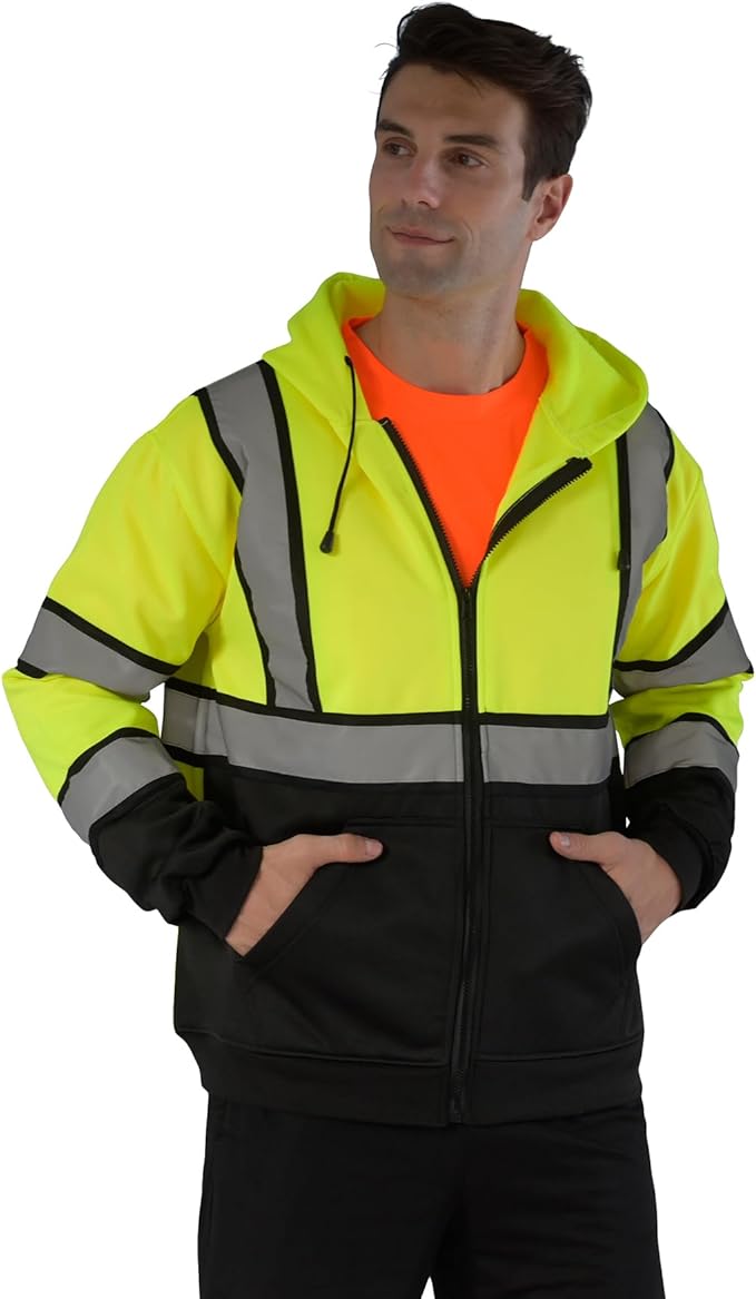 sesafety Hi-Vis Zipper Hoodie, Class 3 Reflective Safety Sweatshirt with Black Bottom, High visibility Jacket for Men
