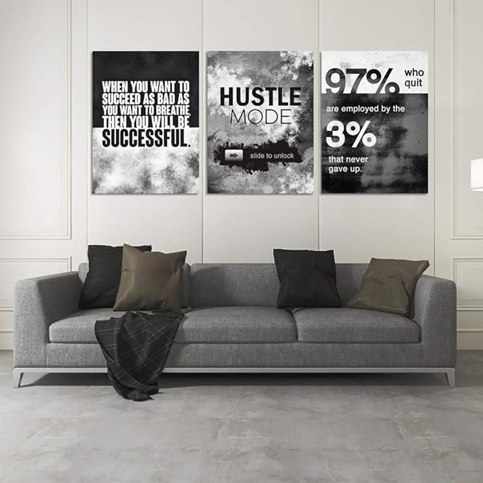 Motivational Office Wall Decor, Inspirational Canvas Wall Art, 3 Pieces Hustle Posters Prints Entrepreneur Success Quote Wall Decor for Lobby Meeting Room Hallway Living Room(48”Wx24”H)
