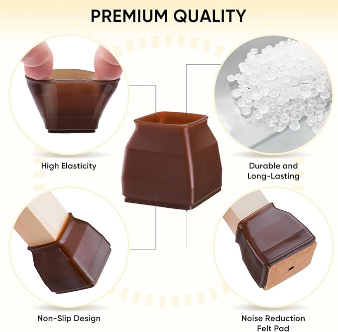BALEINE 32 Pack Silicone Chair Leg Floor Protectors, Stool Leg Protectors Cap, Non-Slip Chair Leg Caps for Hardwood Floors (Brown & Large (Square), 32 Pack)