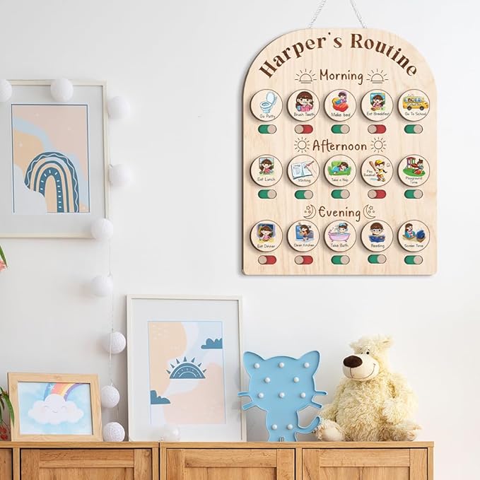 Wooden Chore Chart for Kids Visual Schedule, Routine Chart for Kids, Morning Bedtime Routine Chart for Toddlers Ages 2-4, Daily Kids Schedule Board for Home (04)