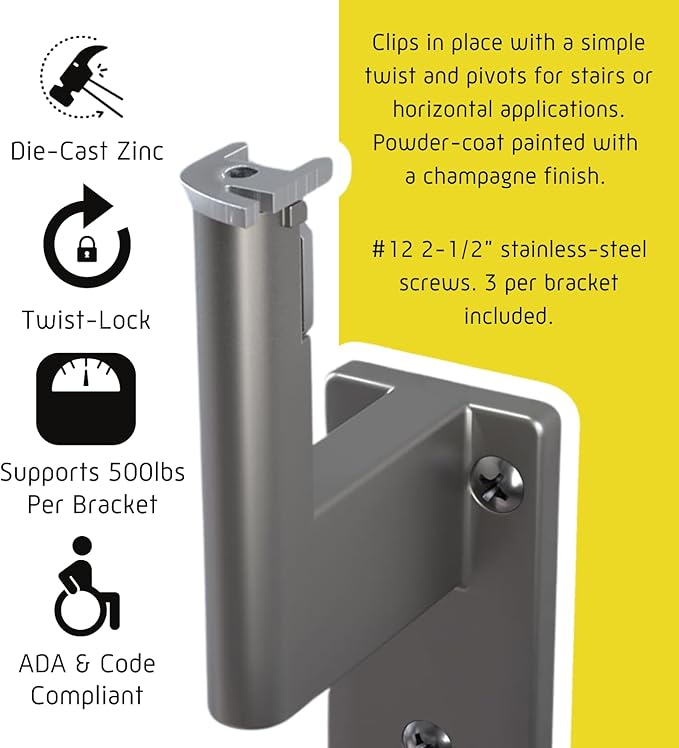 Promenaid 18ft ADA Handrail Kit - Champagne - Complete Indoor/Outdoor Handrail for Stairs - 1.6" Round Anodized Aluminum Railing with 8 Champagne Painted Pivoting Wall Brackets & ADA Wall Returns