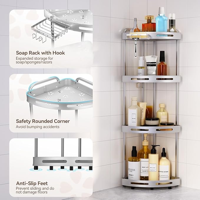 Corner Shower Caddy Stand, 4 Tier Rustproof Standing Shower Organizer with Soap Holder, Aluminum Shower Shelf for Bathroom Storage, Silver