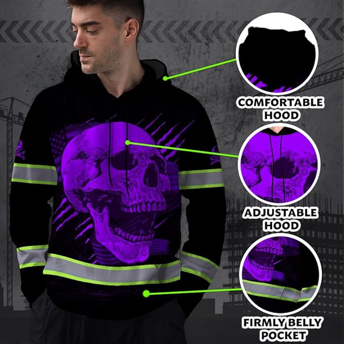 Matedecor Skull US Flag Reflective High Visibility Hoodie For Men Construction Hi Vis Safety Workwear Custom Name