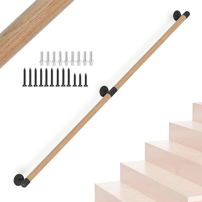 4FT Round Wooden Stair Handrail,Indoor Staircase Handrail,Wall Mount Support Stair Railings, Non-Slip Safety Corridor,Lofts,Patio,Guardrail,Home Wood Hand Railings for Elderly,Children,Disable People