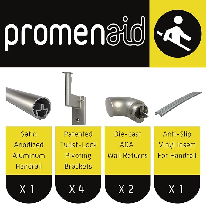Promenaid 7ft ADA Handrail Kit - Silver - Complete Indoor/Outdoor Handrail for Stairs - 1.6" Round Anodized Aluminum Railing with 4 Silver Painted Pivoting Brackets & ADA Wall Returns