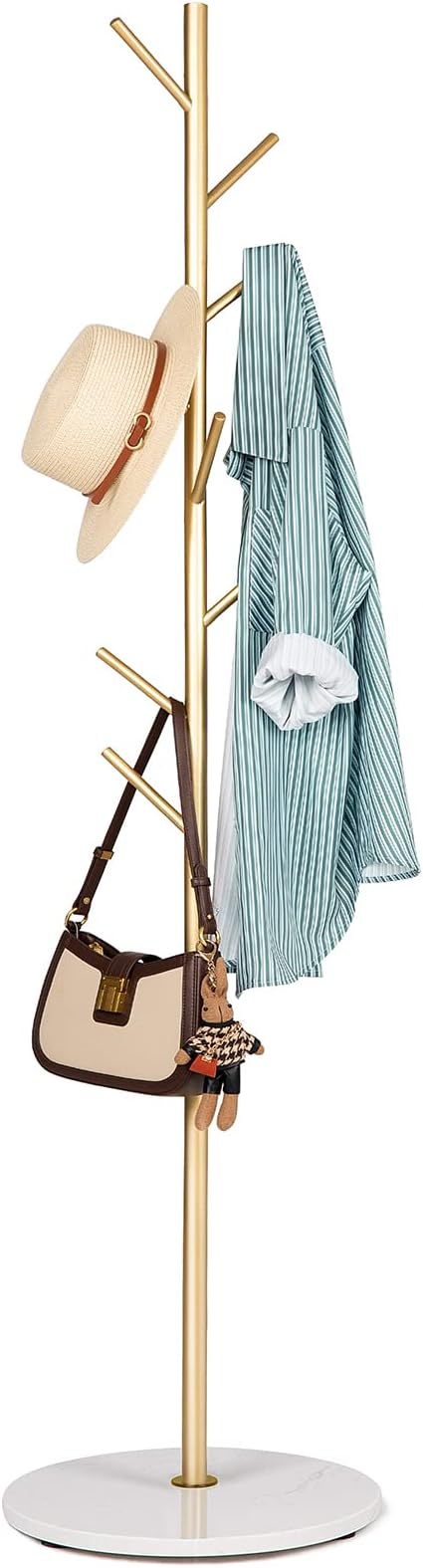 ZOZOE Metal Coat Rack Freestanding, Golden Coat Racks with Heavy Duty Natural Marble Base, Modern Stable Coat Tree Stand with 8 Hooks, Coat Tree Hanger Stand for Bags, Hats, Entryway, Office