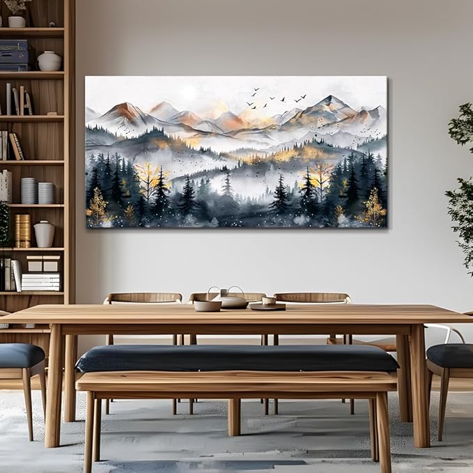 KELIYUAN Abstract Wall Decor Large Wall Art For Living Room Office Decoration Ink Mountain Landscapes Wall Painting Misty Forest Pictures Bedroom Canvas Artwork Ready To Hang Home Decor 24"x48"