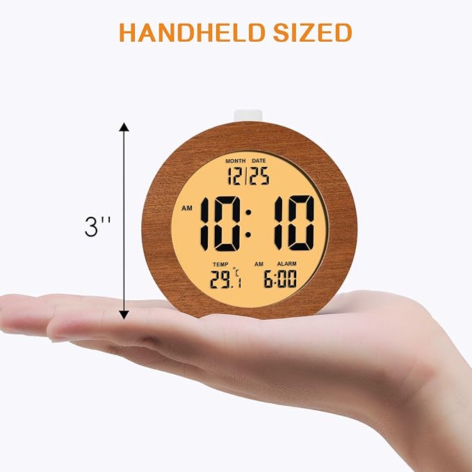 Plumeet Wooden Digital Alarm Clock for Bedrooms, Wood 4'' Battery Powered Alarm Clock with Snooze and Nightlight, Electronic LCD Desk Clock Display Time, Date, Temp, 12/24H, Wood Décor, Round, Sapele