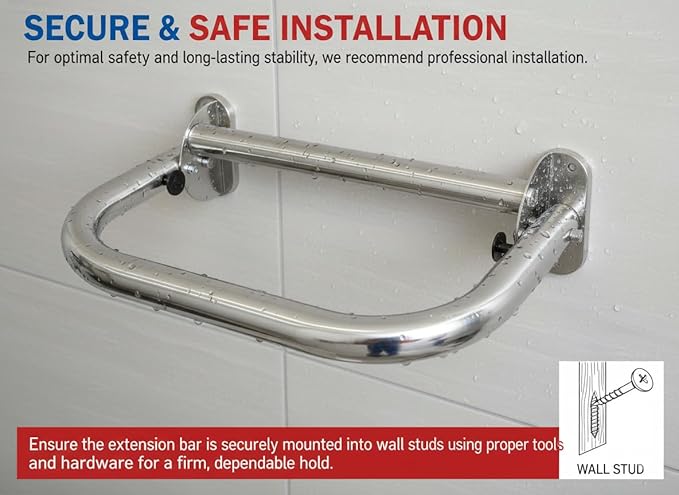 Extend-A-Hand Grab Bar Extension 16"x12"| Heavy-Duty Bathroom Safety Handrail, Non-Slip Stainless Steel Support Grab Bar for Elderly, Disabled & Injury Recovery.