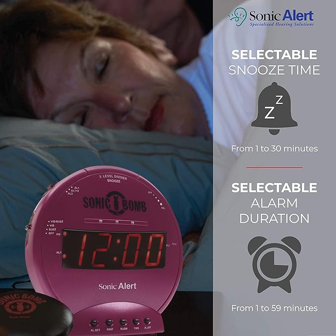 Sonic Alert Sonic Bomb Dual Alarm Clock with Bed Shaker, Pink Vibrating Alarm Clock Heavy Sleepers, Battery Backup | Wake with a Shake