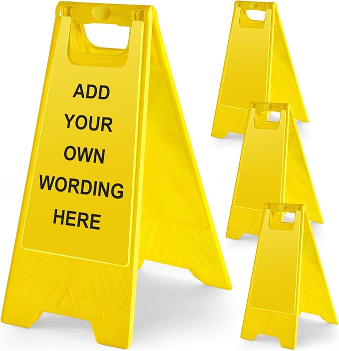 4 Pack 24 Inch Blank Floor Sign Yellow A-frame Foldable Caution Sign Write-On Double Sided Safety Warning for Pool Restaurant Restroom Office