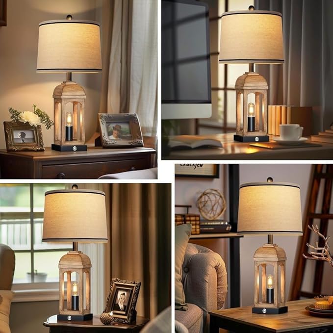 26" Rustic Set of 2 Bedside Lamps, Nightstand Lamp with 3-Way Dimmable Touch Control, Farmhouse Lamps with USB A+C and Nightlight for Living Room Bedroom