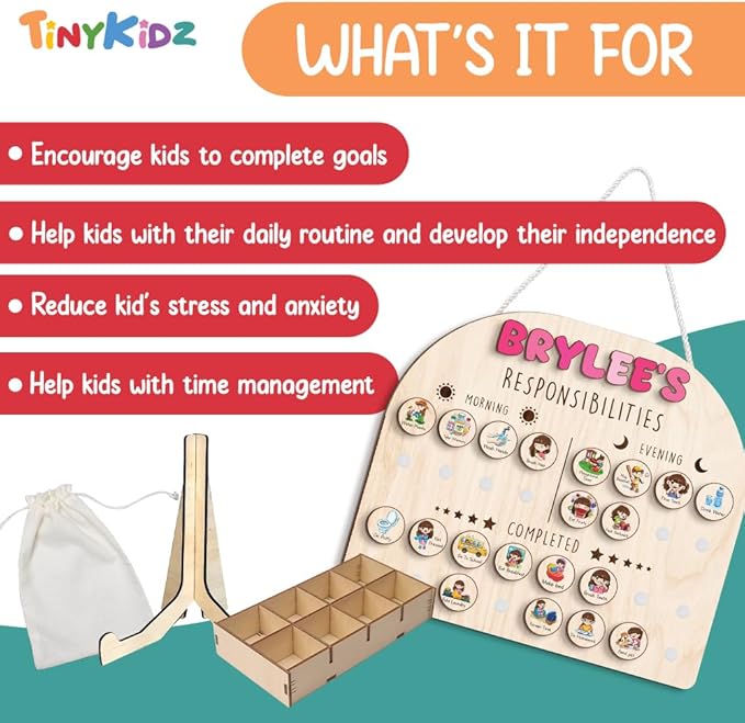 Wooden Chore Chart for Kids Visual Schedule, Routine Chart for Kids, Morning Bedtime Routine Chart for Toddlers Ages 2-4, Daily Kids Schedule Board for Home (09)