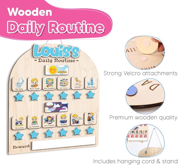 Wooden Chore Chart for Boys, Daily Routine Chart for Kids, Visual Schedule, Chore Reward Chart, Bedtime Morning Routine Chart for Toddlers (02)