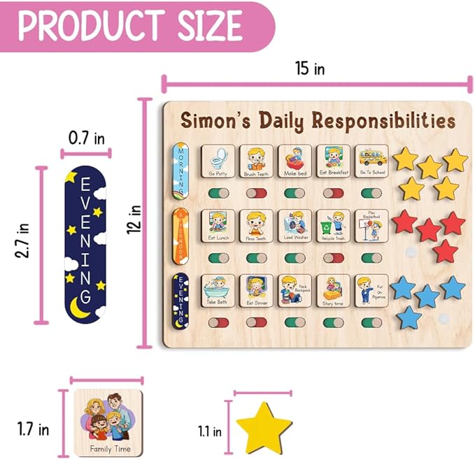 Wooden Chore Chart for Kids Visual Schedule, Routine Chart for Kids, Morning Bedtime Routine Chart for Toddlers Ages 2-4, Daily Kids Schedule Board for Home (18)