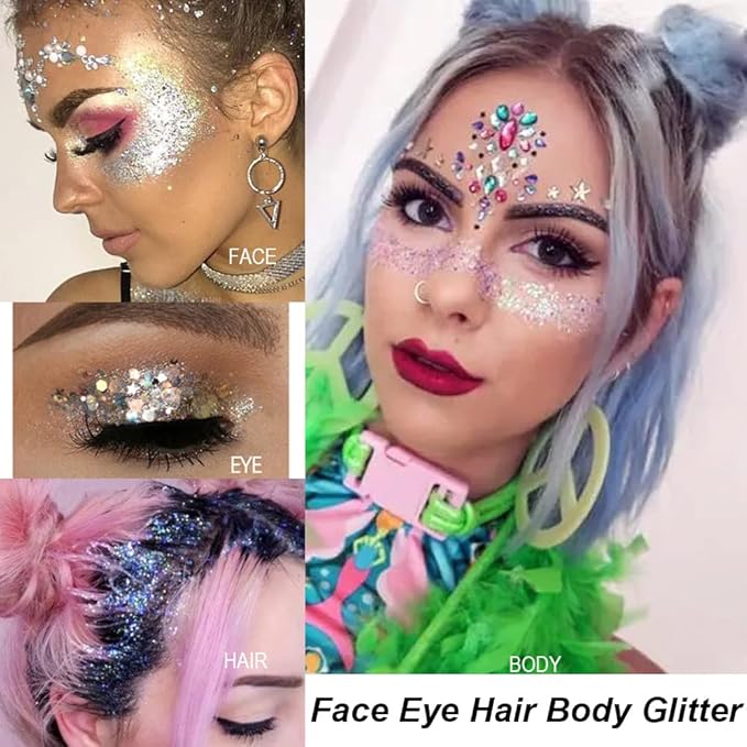 Mysense Pink Body Glitter Gel, Singer Concert Outfits Face Hair Glitter Makeup, Music Festival Rave Accessories, Chunky Glitter Mermaid Sequins, Sparkling Face Paint for Women Girls, 30g