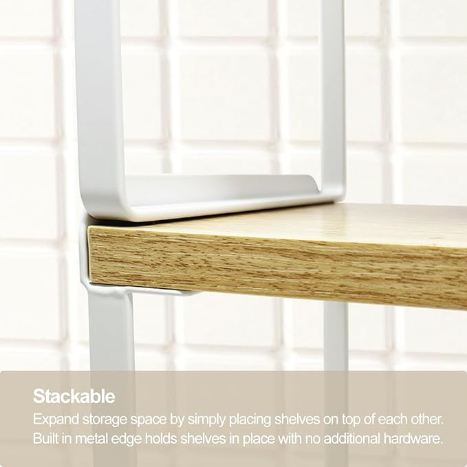 Mitus Shelf Organizer and Storage, Tiered Wood Cabinet Rack for The Kitchen Counter, Bathroom Counter, Pantry Cupboard, Office Desk Bookshelf, 16" Wide Natural and White (Large)