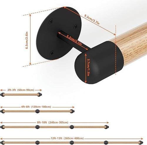13FT Round Wooden Stair Handrail,Indoor Staircase Handrail,Wall Mount Support Stair Railings, Non-Slip Safety Corridor,Loft,Patio,Guardrail,Home Wood Hand Railings for Elderly,Children,Disable People