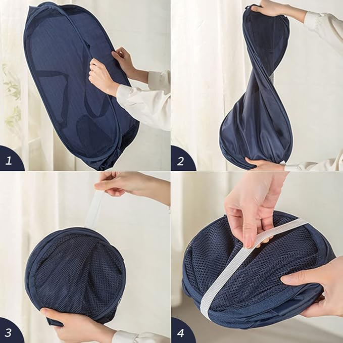 4 Piece Popup Mesh Laundry Basket Durable Handles Collapsible Laundry Baskets Folding Clothes Pastic Hamper for Laundry Room College Dorm (Navy Blue)