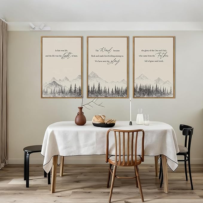 IARTTOP Extra Large Christian Bible Verse Framed Wall Art 24x36 Inch Set of 3 Jesus Catholic Biblical Scripture Canvas Wall Decor Minimalist Grey Mountain Landscape Prints for Living room Dining room
