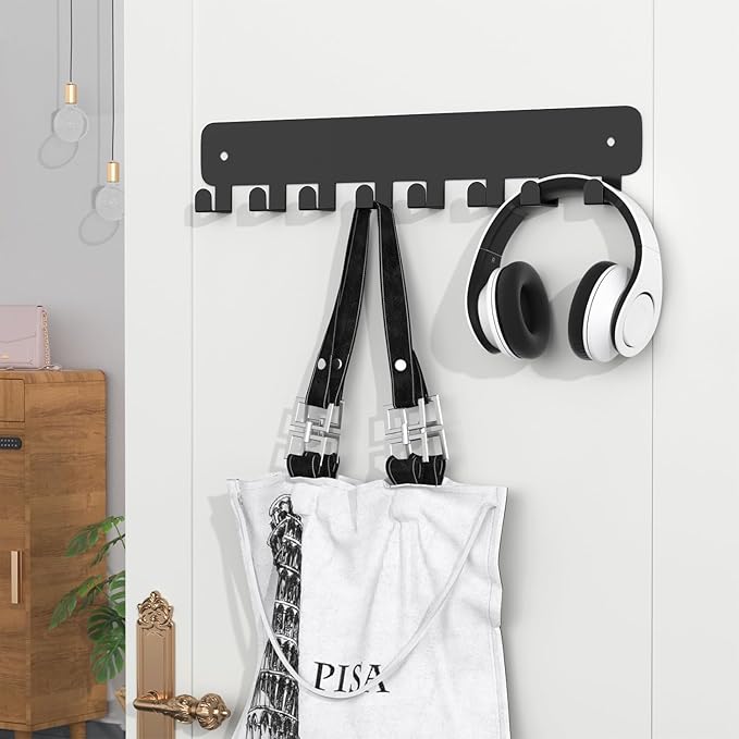 pickpiff Key Holder Wall Mount, Adhesive Key Rack with 8 Hooks Hanger for Car Key Ring, Metal Key Chain Organizer, Black 2 Pack