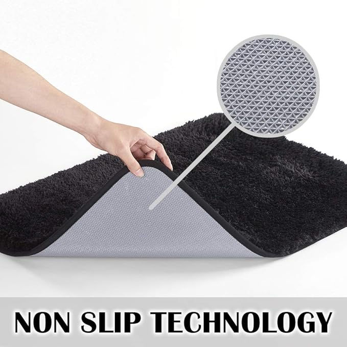 Suchtale Non Slip Bath Mat (16 x 24, Black) Soft Microfiber Shaggy Mat for Shower Machine Washable Thick Plush Rug