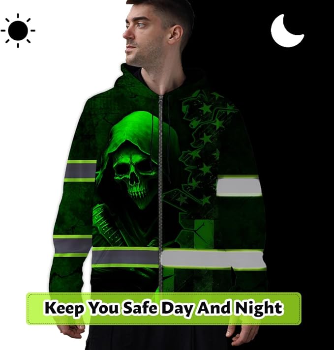 Maddly Hi Vis Reflective Zip Up Hoodie, High Visibility Safety Jacket with Skull Design for runner, worker, trucker, cyclist