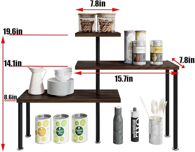 Countertop Organizer Organization 3 Tier Kitchen Corner Shelves Adjustable Spice Storage Rack for Bathroom Coffee Area Over Sink (Black Oak)