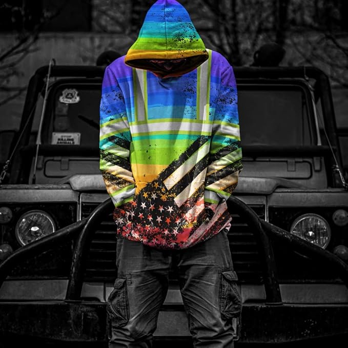 US Flag High Visibility Hoodie for Men Reflective Hoodie Safety Workwear for Worker Runner Patriotic ACC02
