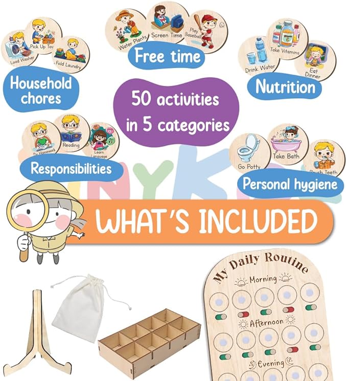 Personalized Wooden Daily Routine Chart, Visual Schedule, Routine Chart for Toddlers, Morning Bedtime Routine Chart for Toddlers (01)