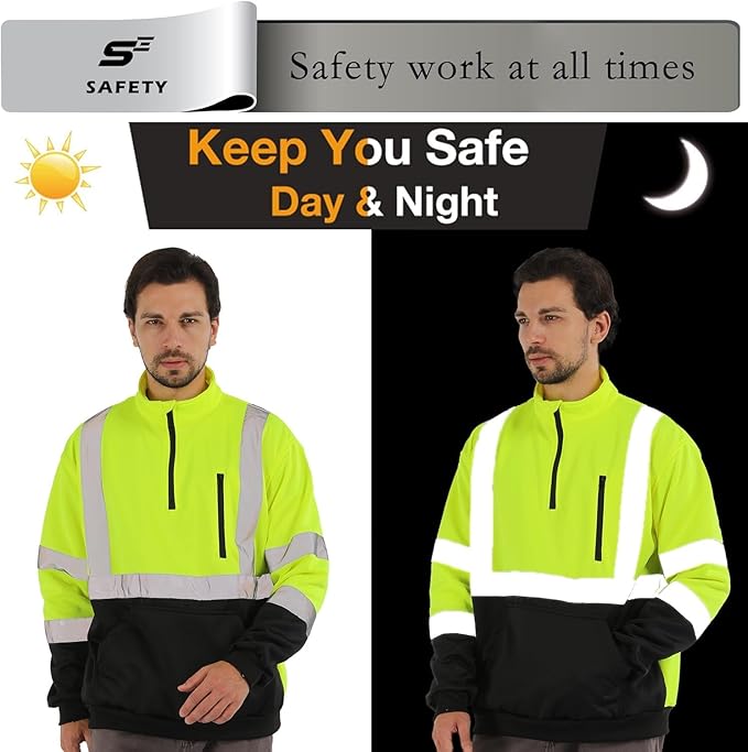 sesafety Work Safety Sweater High Visibility Construction,Class 3 Hi Vis Reflective Sweatshirt for Men,1/4 Zip,Pullover