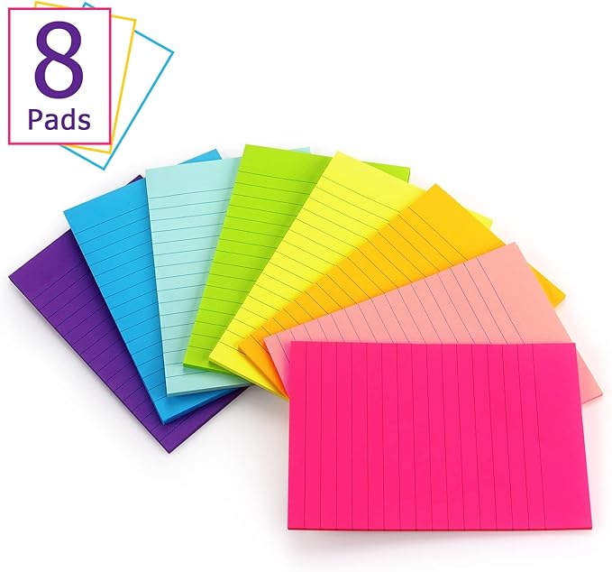 Eastern Wolf 8 Pads Lined Sticky Notes 4x6 in, Sticky Notes with Lines, Self-Stick Note Pads 8 Bright Multi Colors, 35 Sheet/Pad
