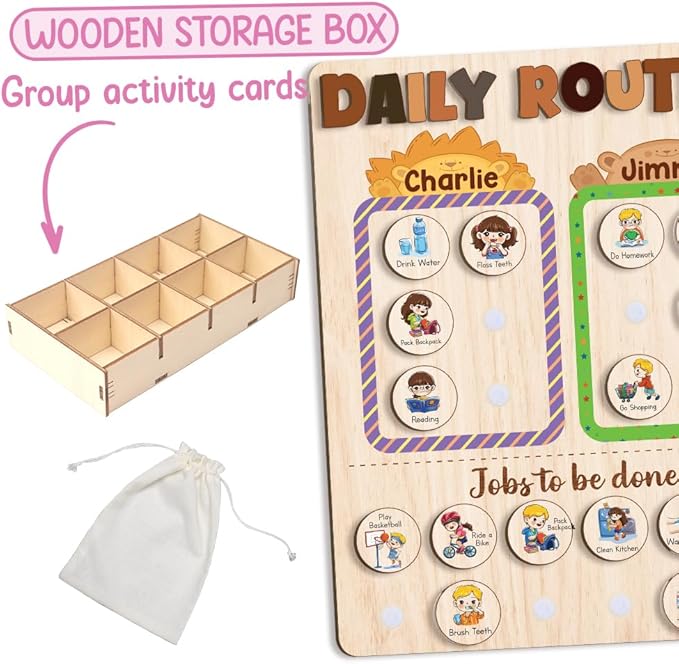 Wooden Chore Chart for Kids Multiple Kids 13.5"x16.5", Behavior Chore Chart for Kids at Home, Daily Routine for Kids, Daily Responsibilities for Toddlers