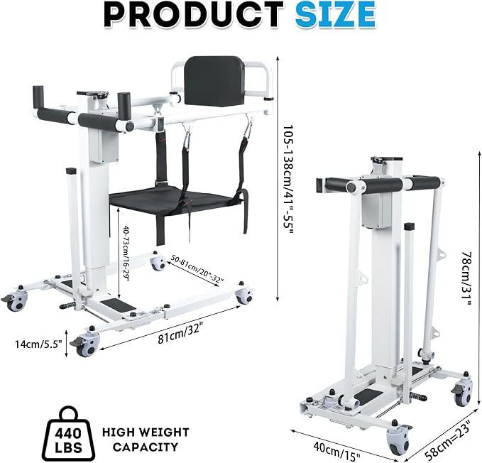 Drexo Patient Lift Transfer Chair, 5 in 1 Patient Lift Chair with 180°Split Seat, Height Adjustable Patient Transfer Chair with 4 Casters for Home Seniors Elderly, Load 450Lbs (Electric, Silver)