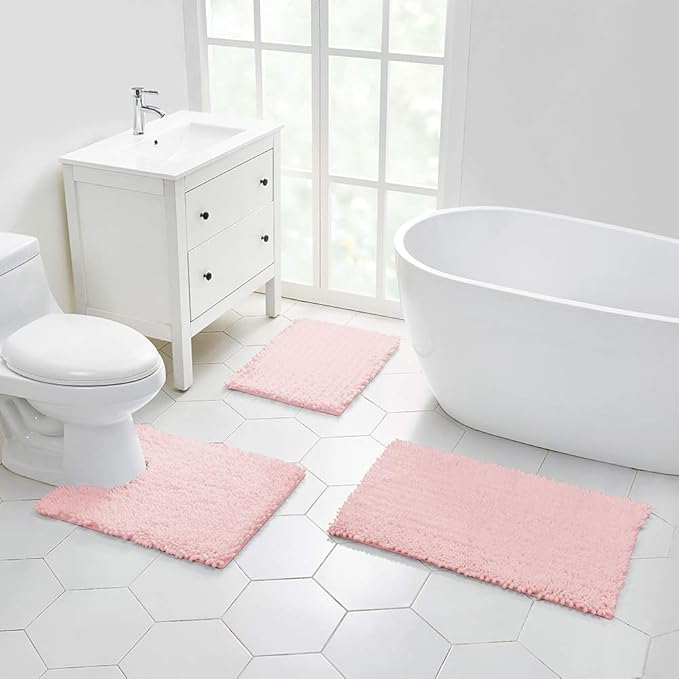 Walensee Bathroom Contour Rug Non Slip Toilet U Shaped Bath Mat (20x24, Blush) Water Absorbent Super Soft Shaggy Chenille Machine Washable Dry Extra Thick Perfect Absorbant Best Plush Carpet