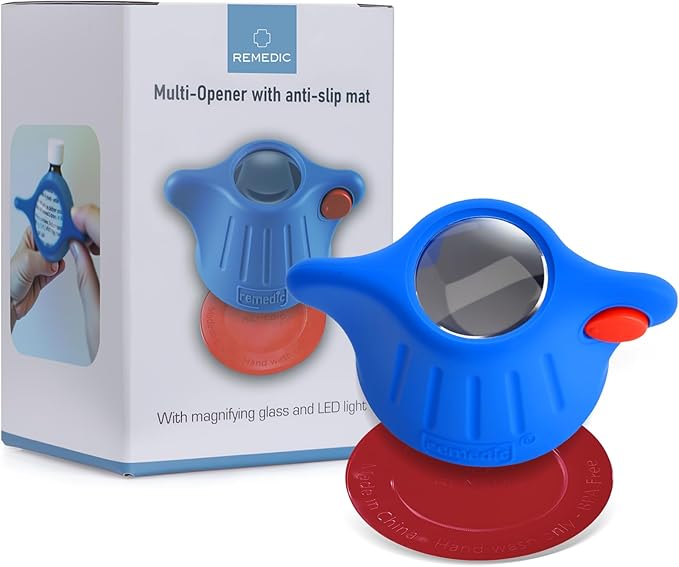Remedic Medicine Bottle Opener with Magnifier & LED Light – Easy Grip Aid for Weak Hands – Non-Slip Mat for One-Handed Use – Arthritis-Friendly Multi-Opener – Senior Care Tools