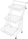 3 Tier Rolling Utility Cart with Wheels, Metal Rolling Foldable Storage Shelves, Adjustable Tilt Angle Storage Organizer for Living Rooms, Kitchens, Bathrooms (White)
