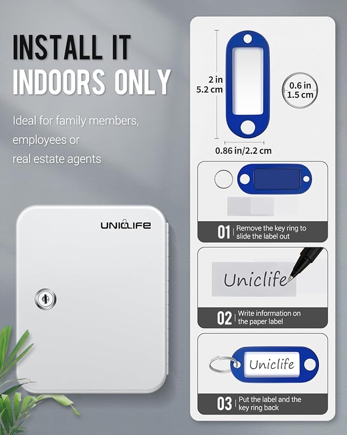 Uniclife 20 Position Key Cabinet with Key Lock Wall Mounted White Security Storage Box Steel Key Organizer with Colorful Key Tag Labels Identifiers Stickers and Hooks