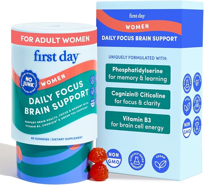 FIRST DAY Women’s Brain Gummies for Focus, Memory & Clarity | Cognizin® Citicoline + Phosphatidylserine | Natural Sustained Energy, Peach Flavor, Vegan, Non-GMO | 30-Day Supply
