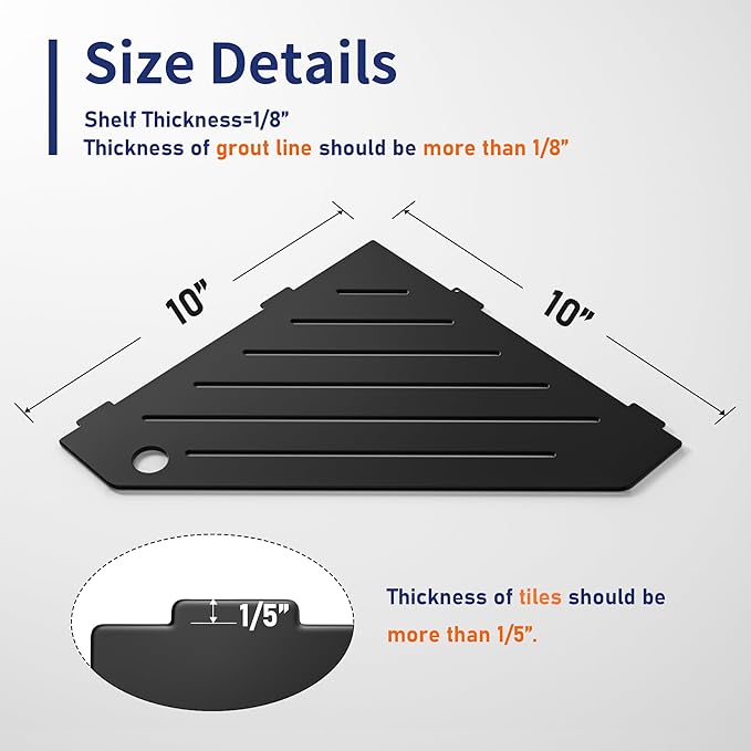 Corner Shower Shelves, Pentagonal Grout in Shelf w/Razor Holding Hole, 304 Stainless Steel Bathroom Shelf (Matte Black)