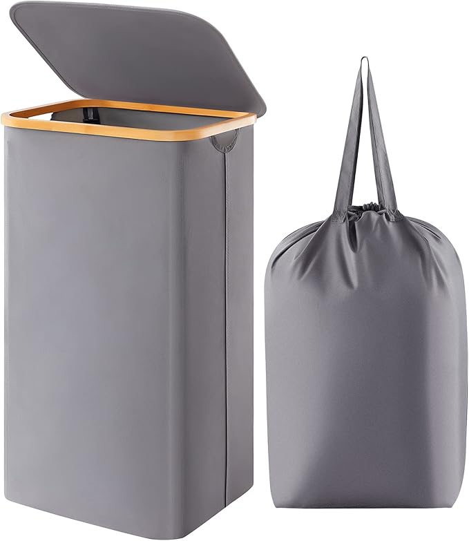 Lifewit 100L Laundry Basket with Lid, Clothes Hampers for Laundry with Bamboo Handles and A Removable Bag, Large Foldable Laundry Hamper for Bedroom, Bathroom, Dorm, Laundry Room, Gray