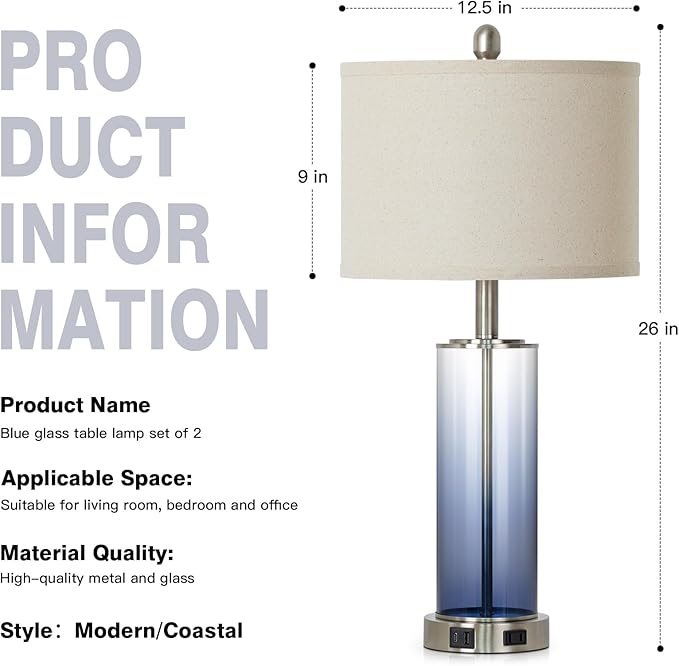 26" Coastal Blue Glass Table Lamps Set of 2, 3-Way Dimmable Touch Control Bedroom Lamp with USB C+A Ports & AC Outlet, Elegant Living Room Lamp, Nautical Bedside Lamps for Nightstand Side End Table